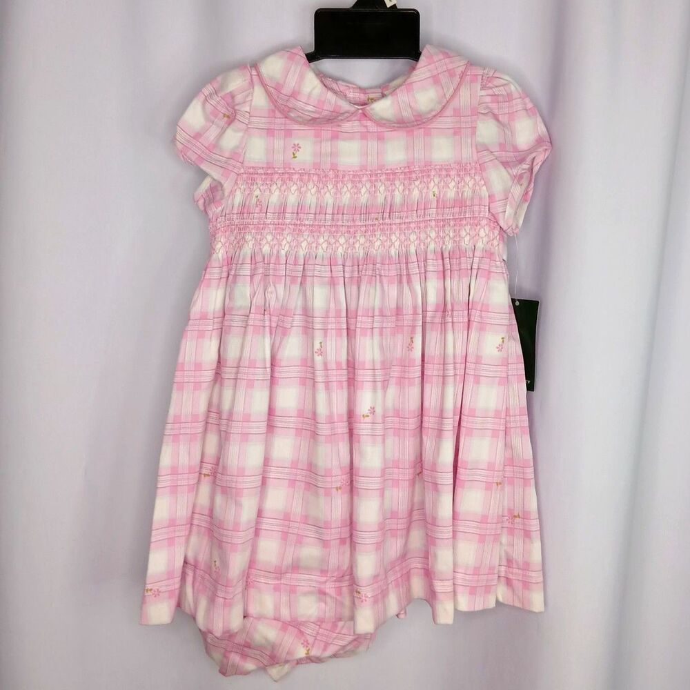 Laura Ashley Smocked Dress Short Slv Pink Plaid w/ Flowers NWT Infant Girls 18 m